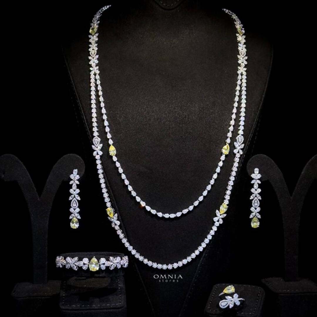 Omnia Yaza Bridal Yellow Long chain Set High Quality Zircon Stone In Rhodium Plated