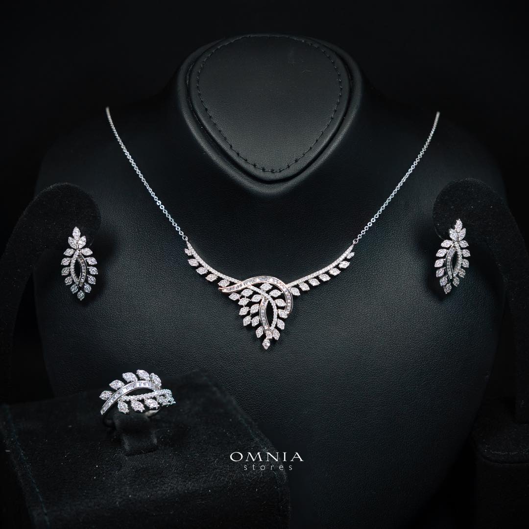 Omnia Leilah Luxury White Necklace, Earrings & Ring Set in High Quality Zircon Stone Rhodium Plated