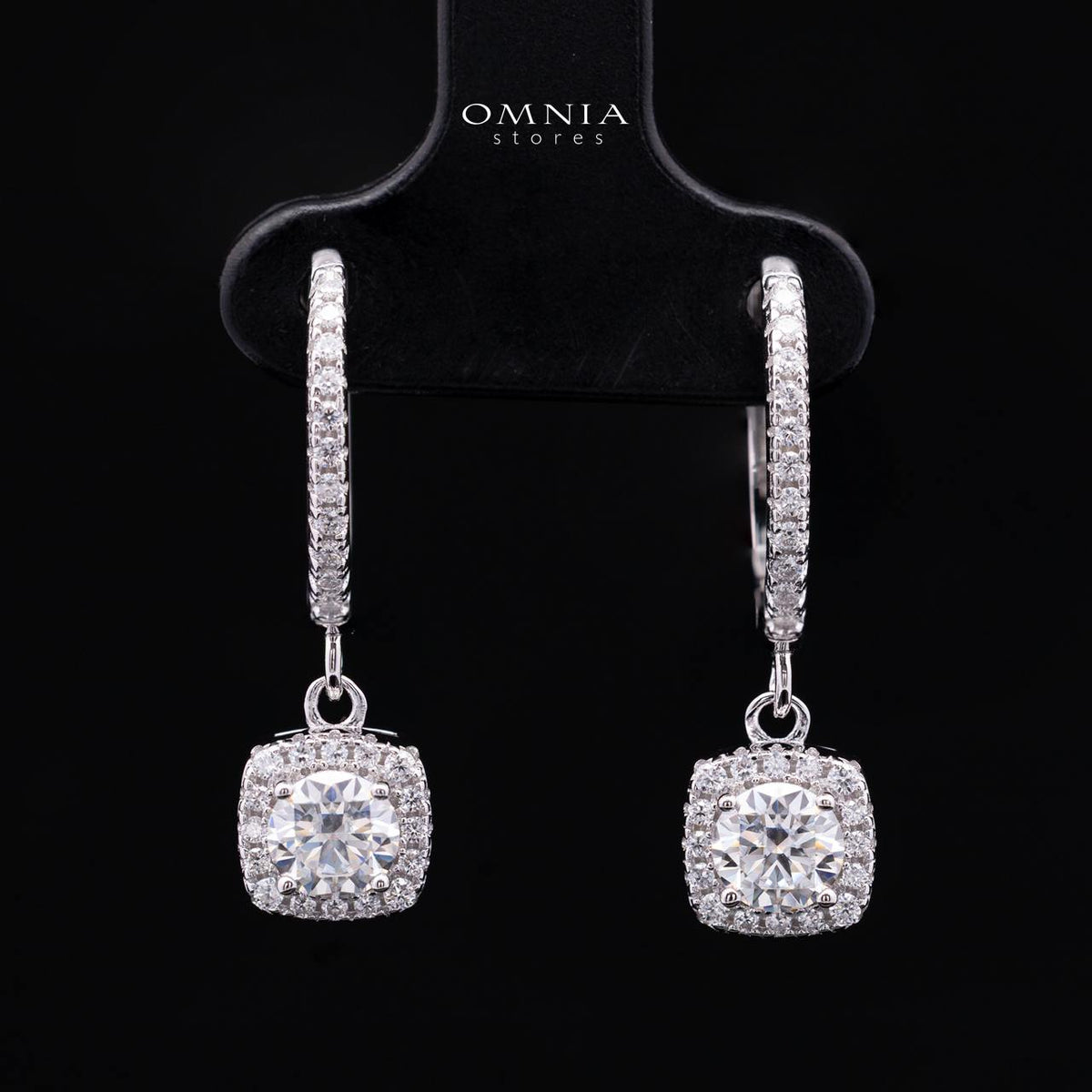 Claudia White Moissanite Cushion Halo Drop Hoop Earrings with GRA Certificate – 5mm (0.5ct), Rhodium-Plated 925 Sterling Silver