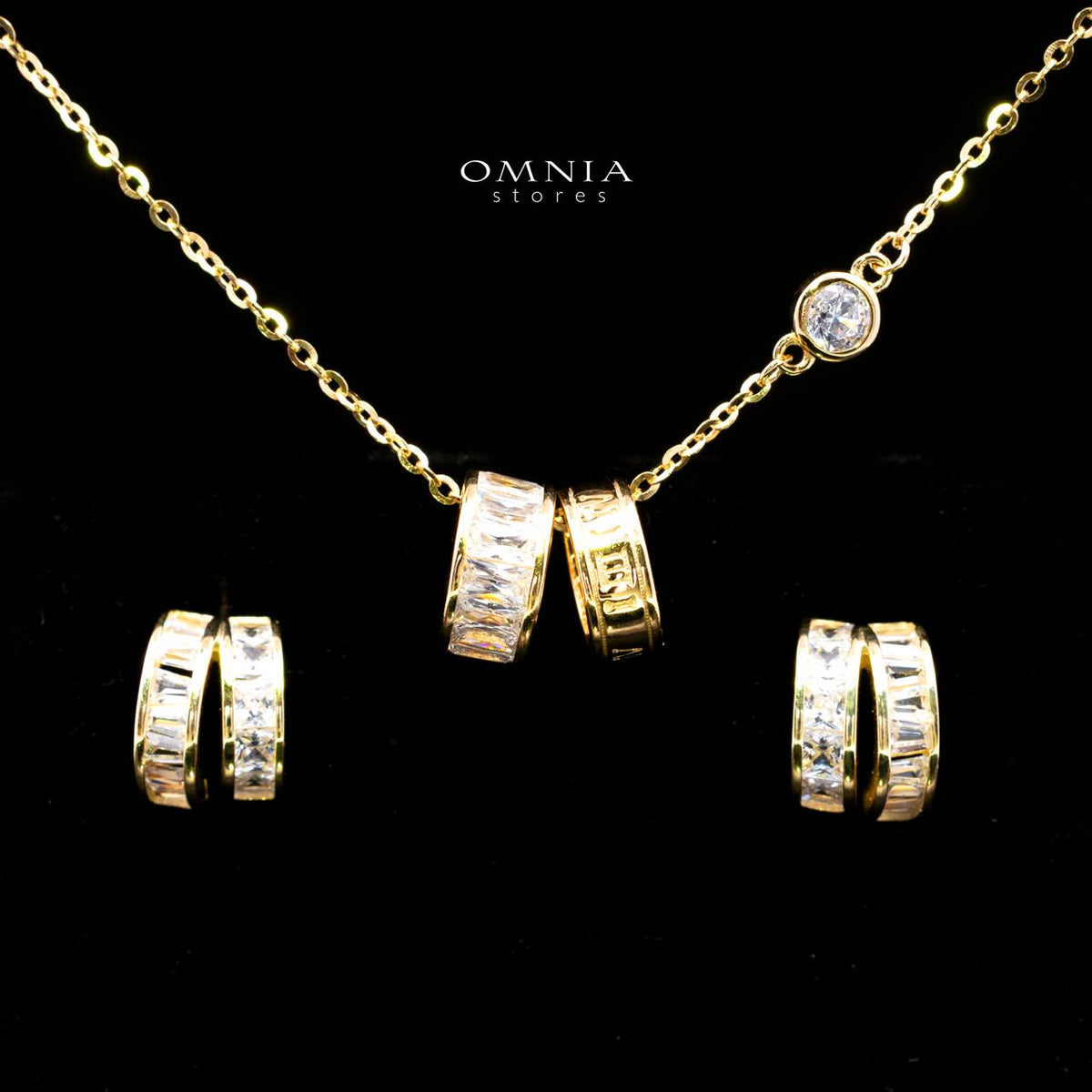 Zhalia Gold Hoop Necklace and Earrings Set in 925 Sterling Silver with Premium Simulated Diamonds