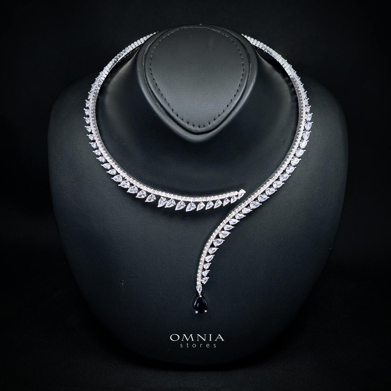 Catalina Elegant Blue Cascading Leaf Drop Bridal Full Set with High-Quality Premium Zircon Stones, Rhodium-Plated Finish
