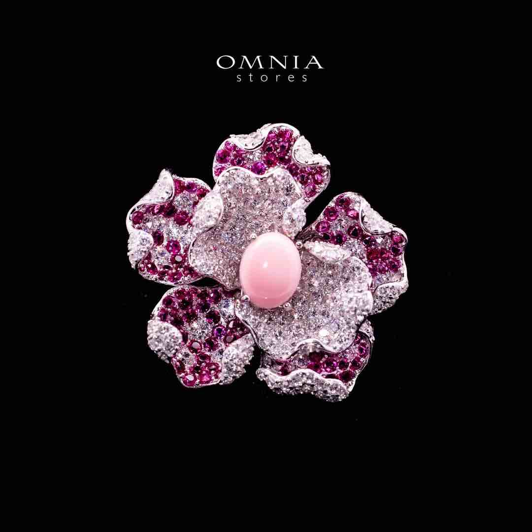 Omnia Sufiya Pink Coral Flower Silver Brooch in 925 Silver High Quality Simulated Diamonds Stones