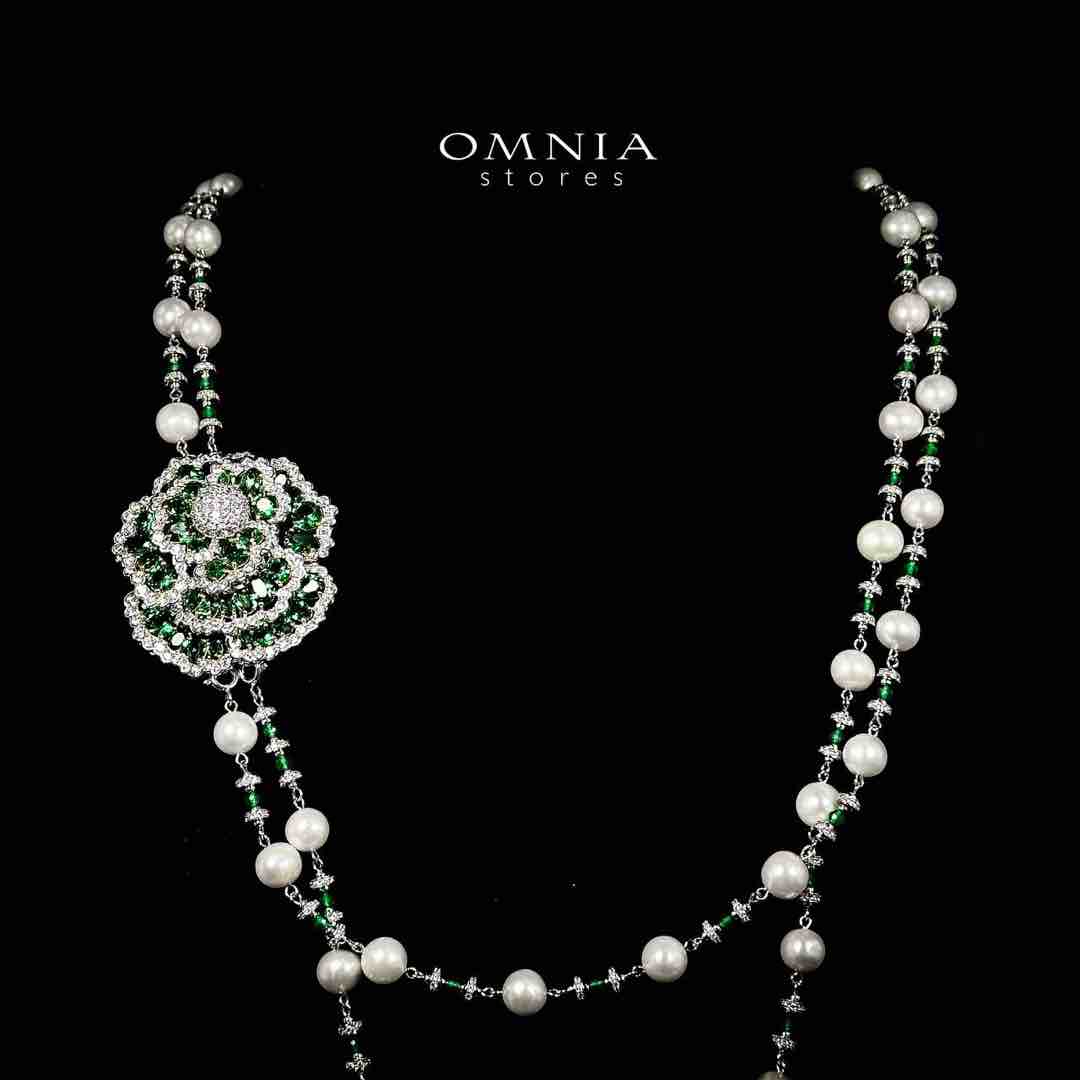 Omnia Nadia Green and White Silver with Real Fresh Pearl Long Chain Necklace in 925 Silver High Quality Simulated Diamond Stones - OMNIASTORES UAE