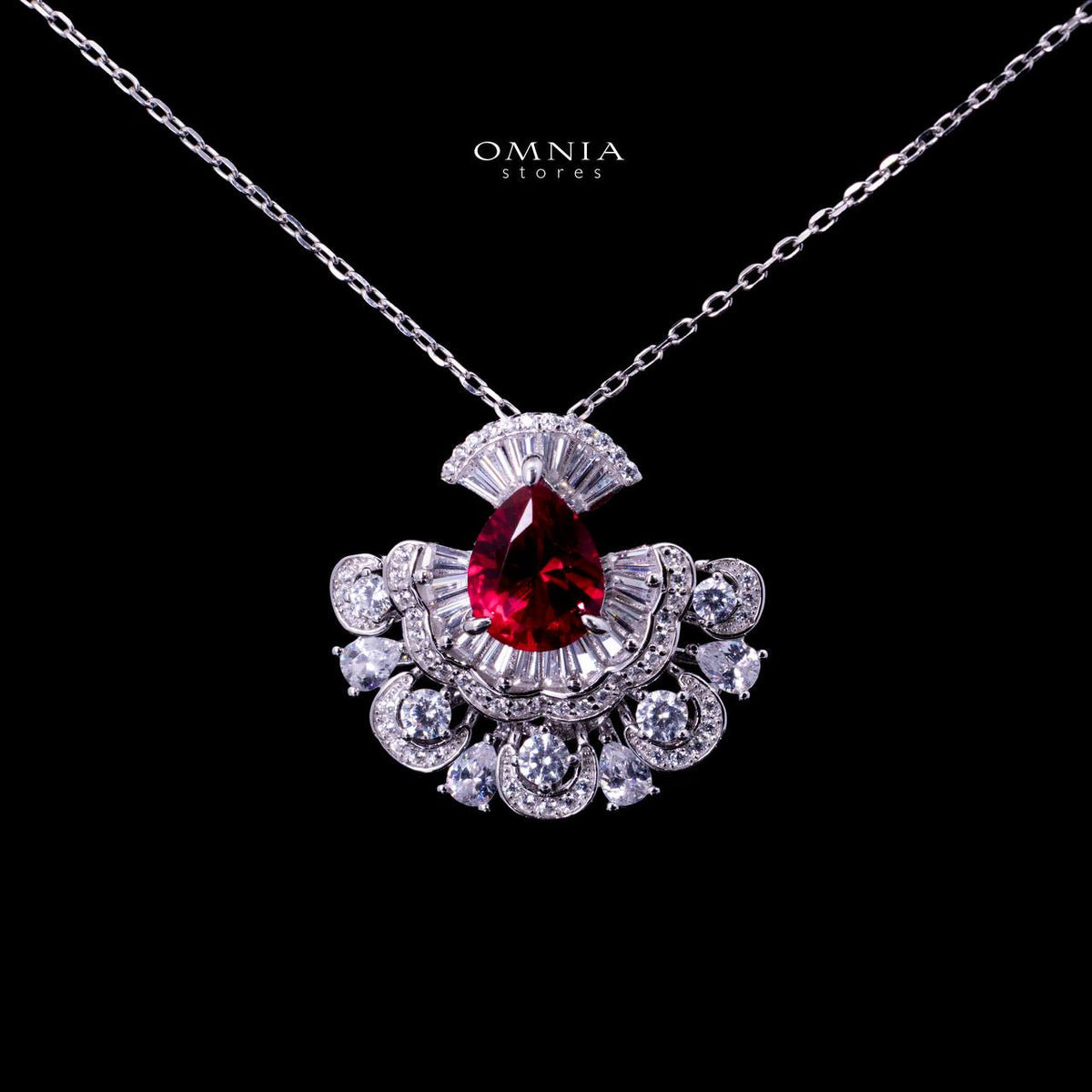 Omnia Aleyna Red Stone Silver Pendant Necklace in 925 Silver with High Quality Simulated Diamonds - OMNIASTORES UAE