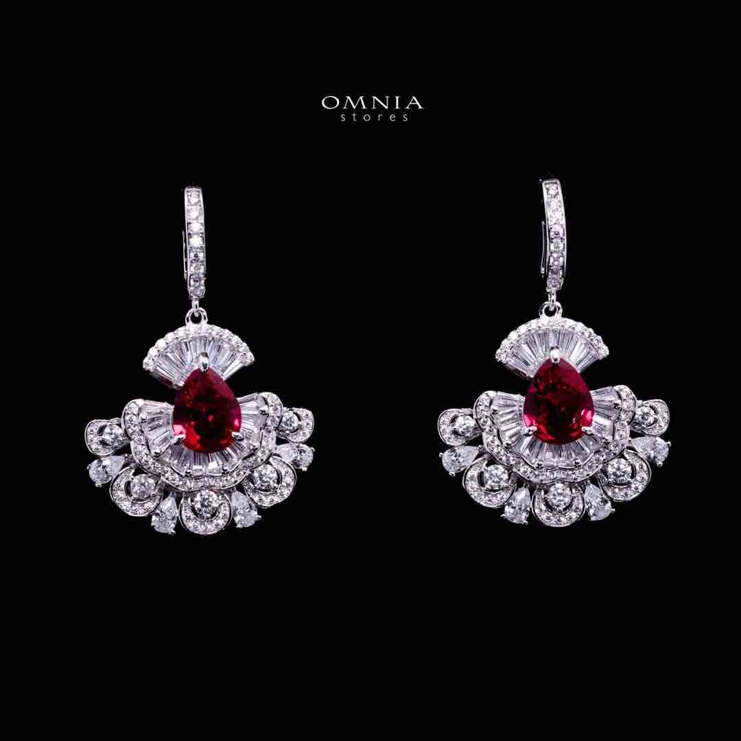 Omnia Aleyna Red Stone Silver Drop Earrings in 925 Silver with High Quality Simulated Diamonds - OMNIASTORES UAE