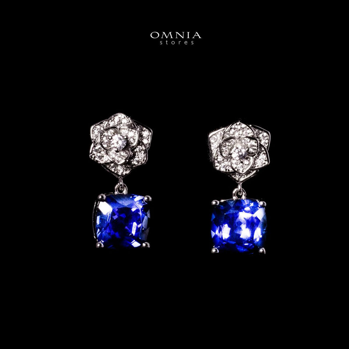 Khansa Lab Grown Blue Sapphite Stones With GRC Certified Rose Design Drop Earrings in 925 Silver - OMNIASTORES UAE