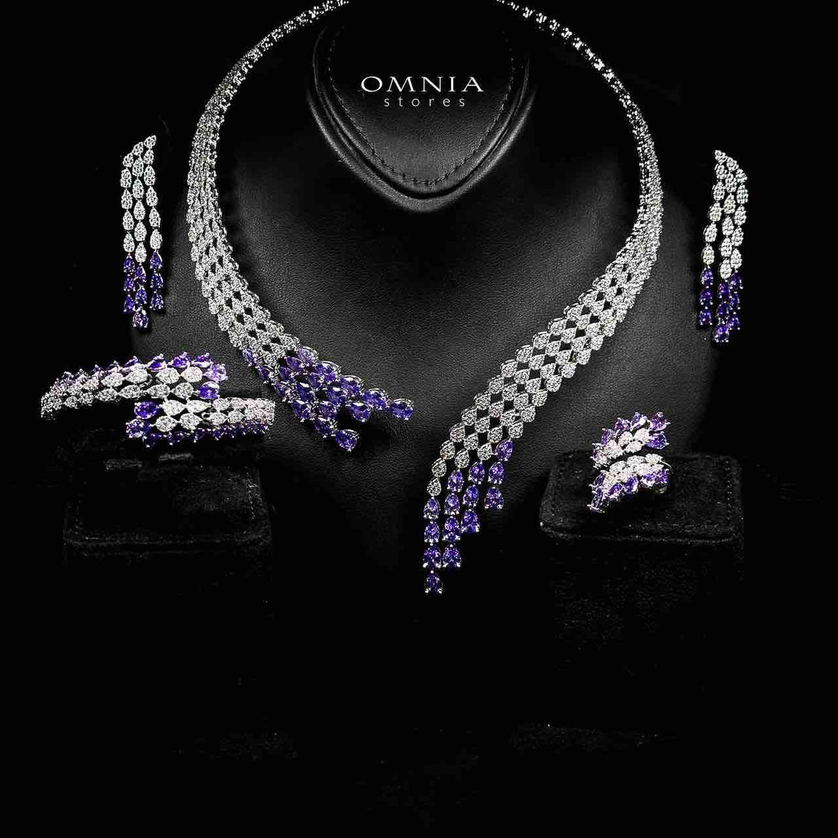 Omnia Amrah Luxury Bridal White and Purple Full Set in High Quality Zircon Stone Rhodium Plated - OMNIASTORES UAE