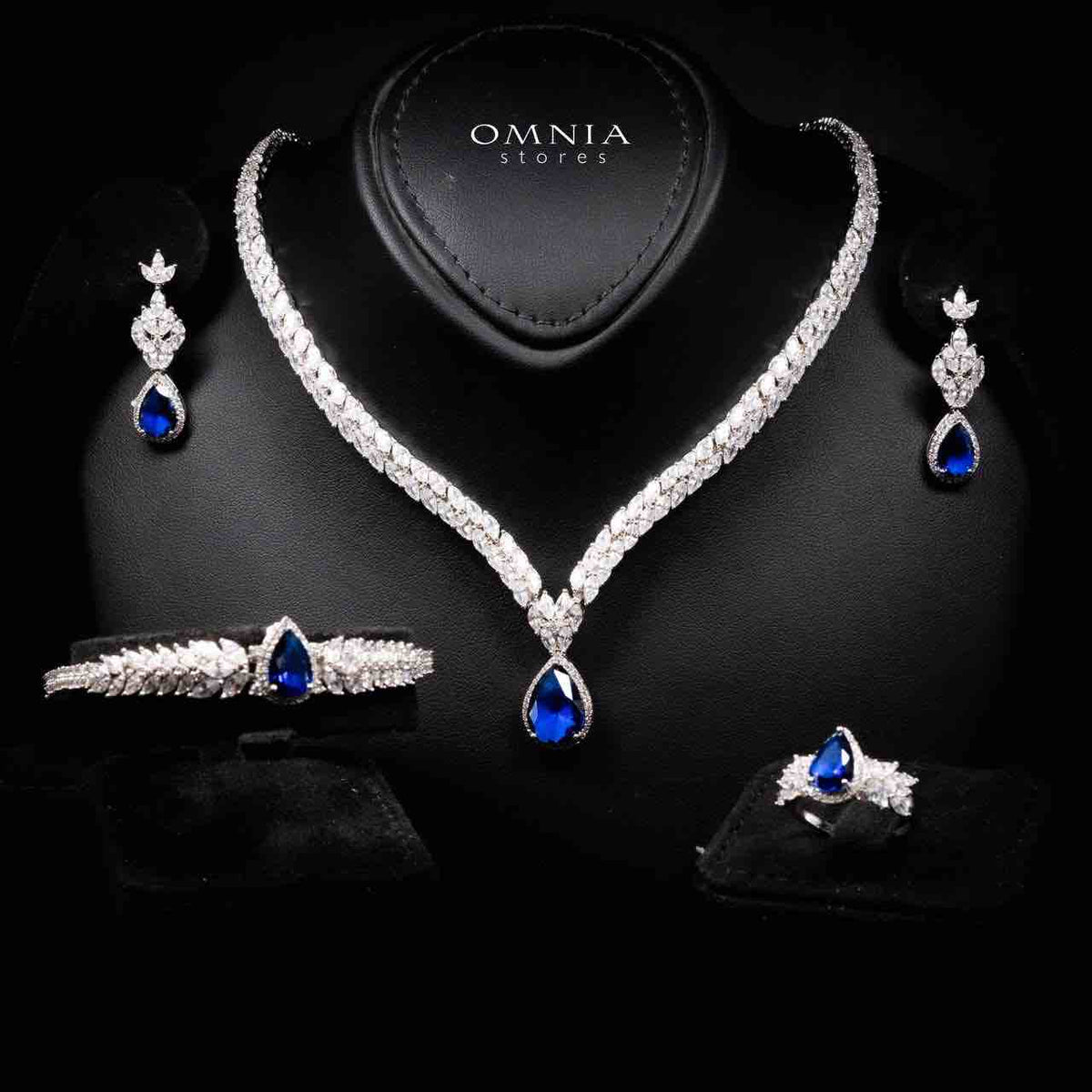 Omnia Aamira Teardrop-Design Bridal Navy Blue Full Set with High-Quality Zircon Stones in Rhodium-Plated Finish - OMNIASTORES UAE
