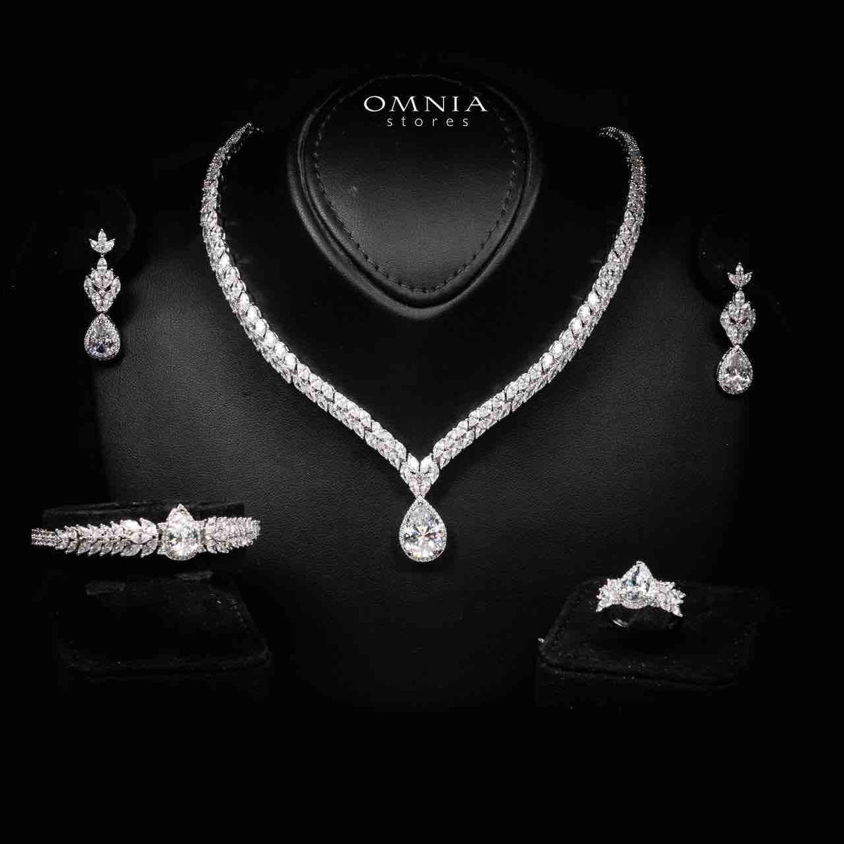 Omnia Aamira Teardrop-Design Bridal Crystal White Full Set with High-Quality Zircon Stones in Rhodium-Plated Finish (16cm Size 7 only available in KSA) - OMNIASTORES UAE