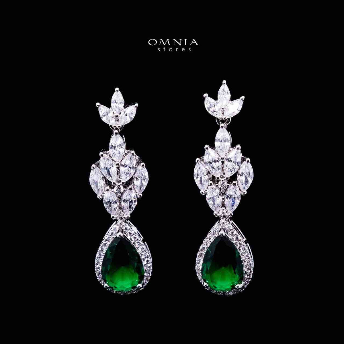 Omnia Aamira Teardrop-Design Bridal Crystal Emerald Green Full Set with High-Quality Zircon Stones in Rhodium-Plated Finish - OMNIASTORES UAE