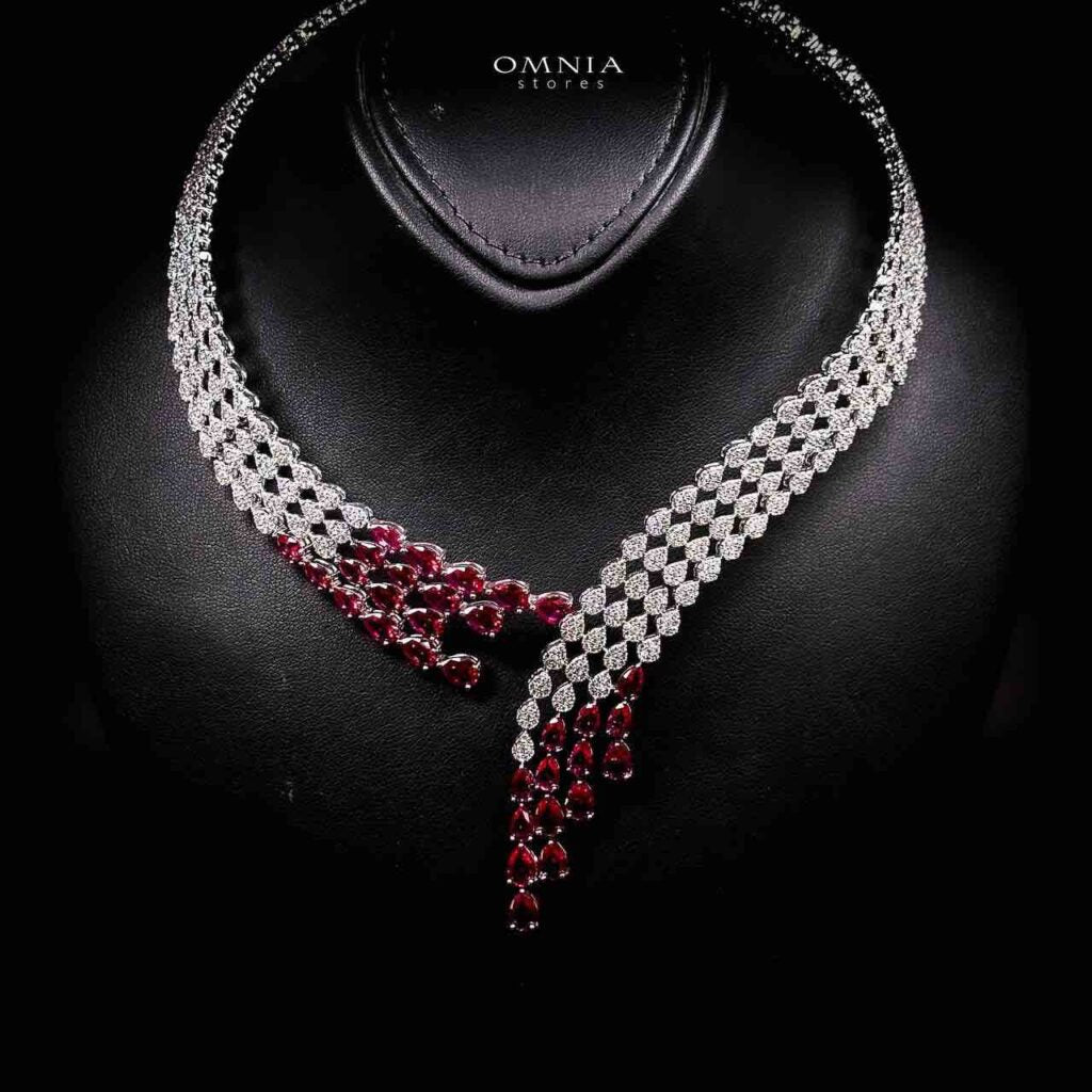 Omnia Amrah Luxury Bridal Red Full Set in High Quality Zircon Stone Rhodium Plated