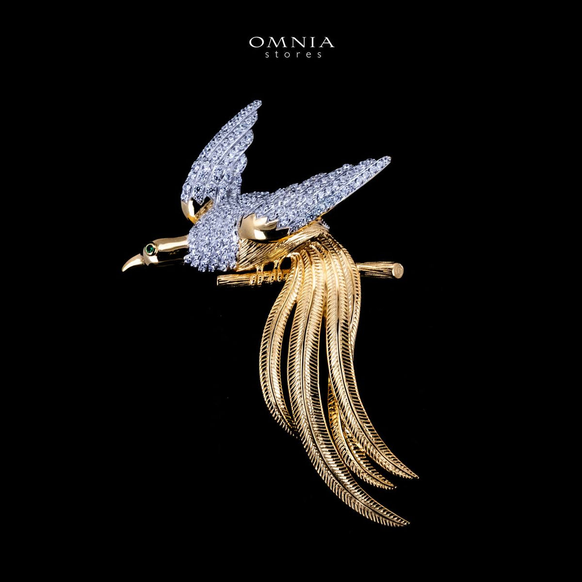 Omnia Aiman Silver and Gold Bird Brooch in 925 Silver High Quality Simulated Diamond Stones - OMNIASTORES UAE