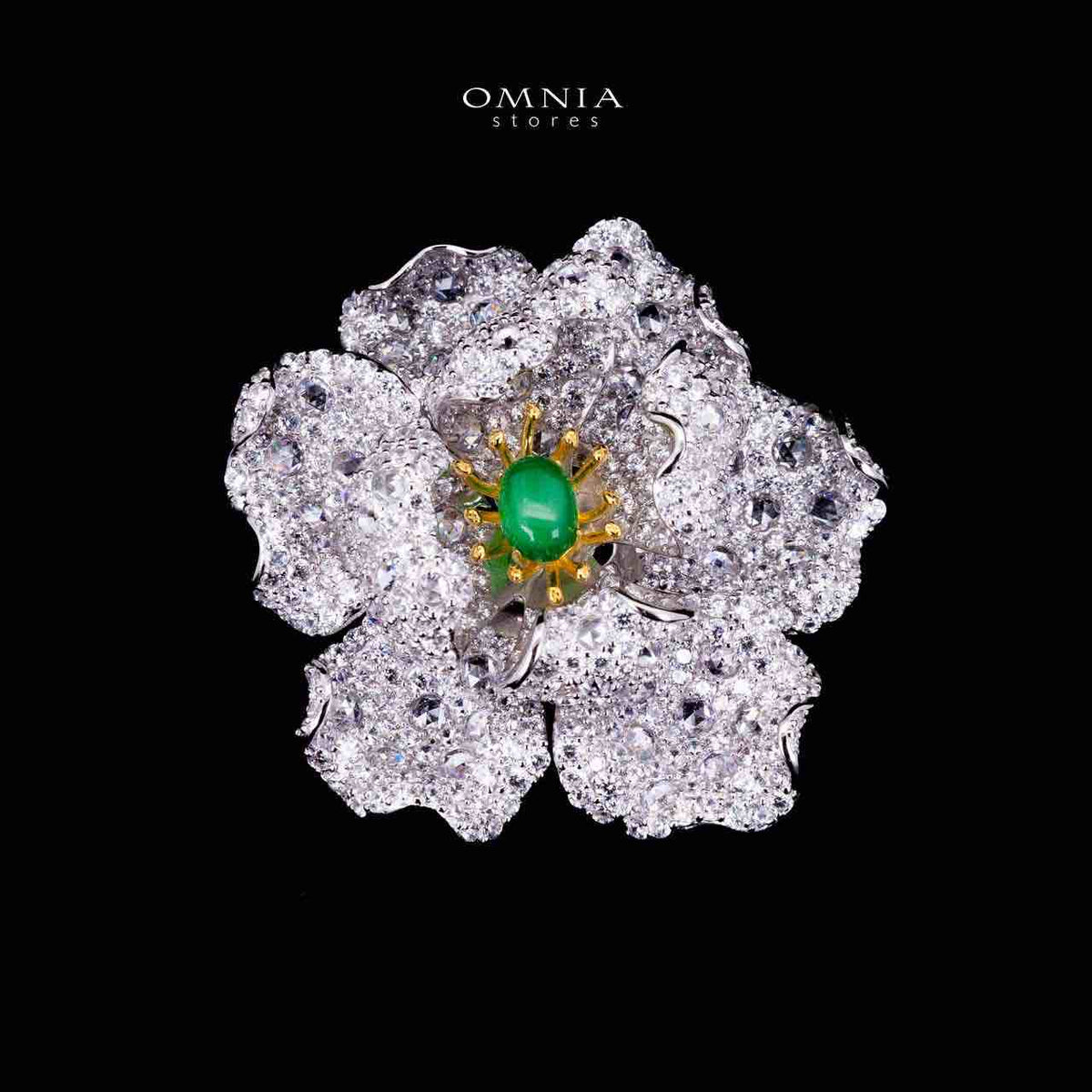 Omnia Riyana Green and Gold Flower Brooch in 925 Silver High Quality Simulated Diamond Stones - OMNIASTORES UAE