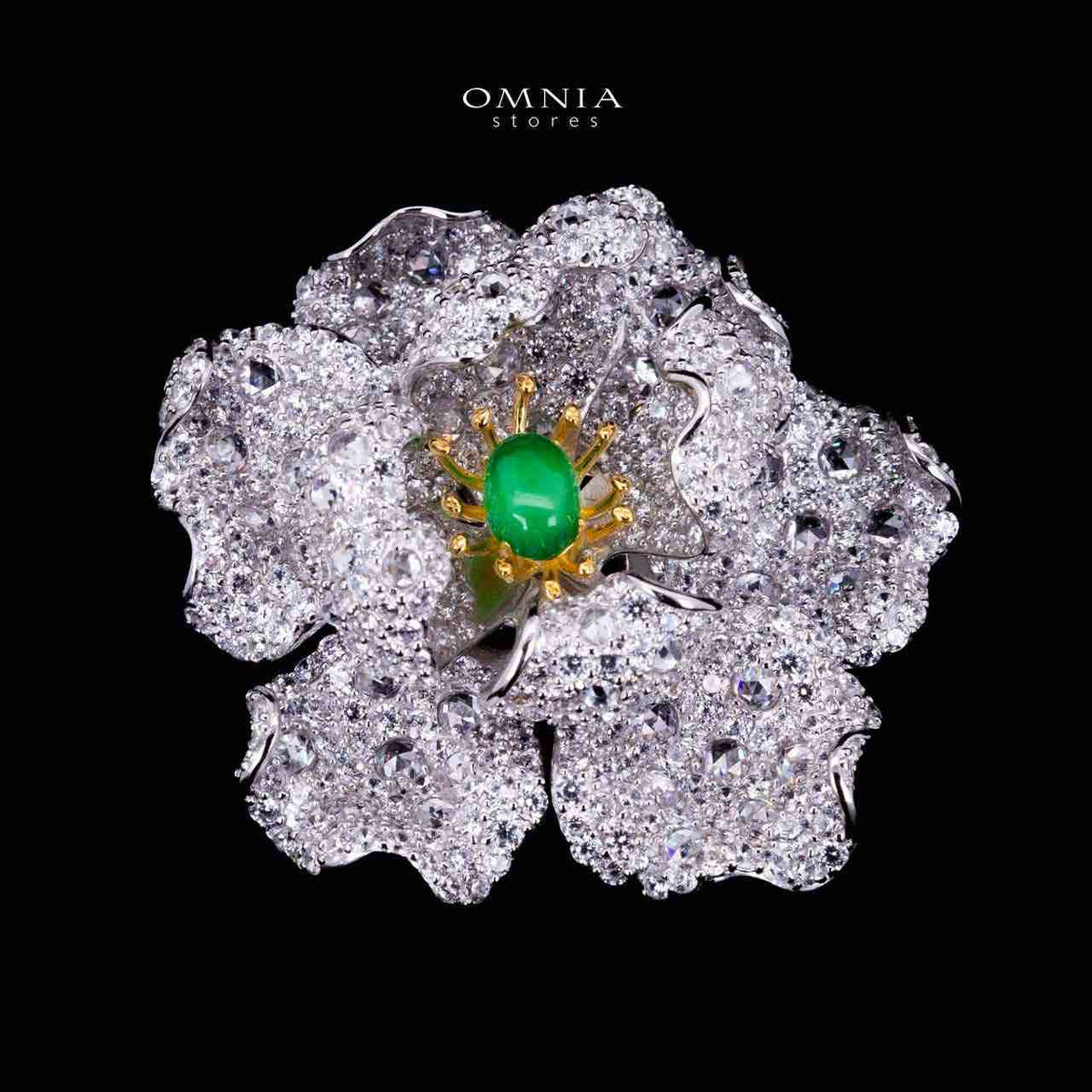 Omnia Riyana Green and Gold Flower Brooch in 925 Silver High Quality Simulated Diamond Stones - OMNIASTORES UAE