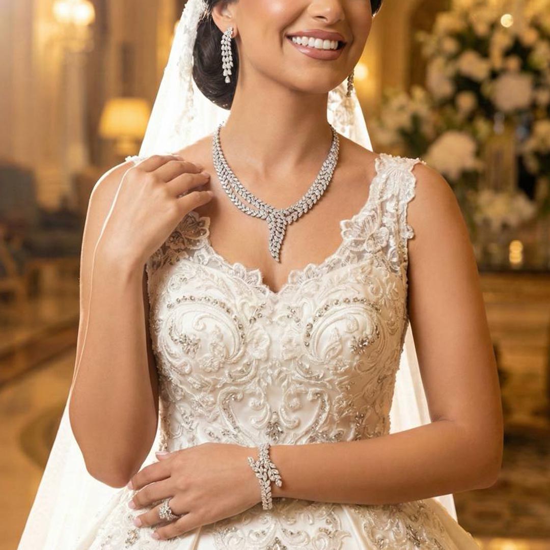 Omnia Yasira Leaf-Design White Luxury Bridal Full Set in High Quality Zircon Stone Rhodium Plated