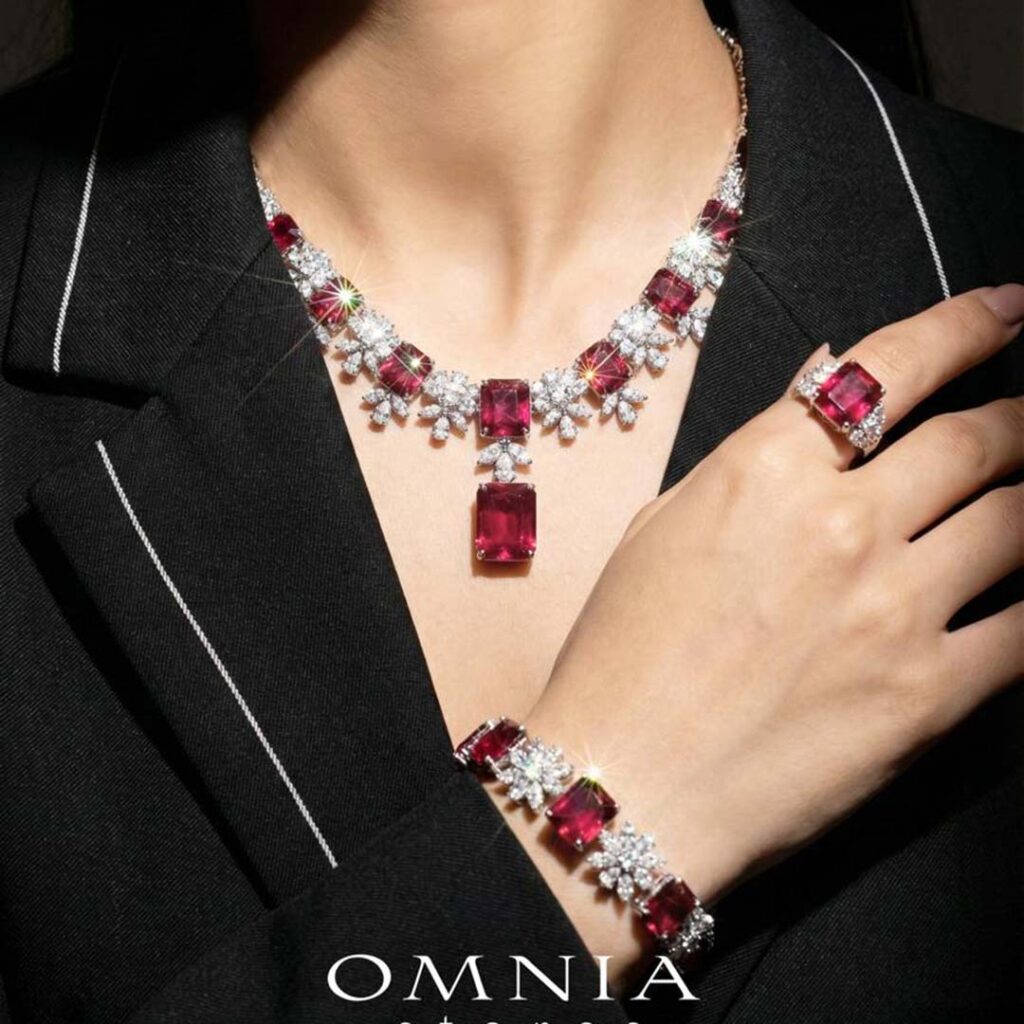 Omnia Charlene Red Bridal Full Set with Radiant and Pear-Cut High-Quality Simulated Diamonds Rhodium Plated - OMNIASTORES UAE