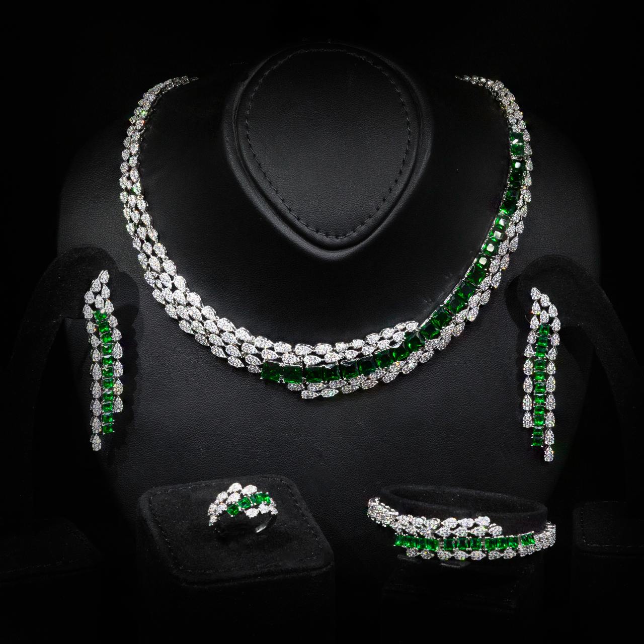 Omnia Trinity Green Luxury Bridal Full Set in High Quality Zircon Stone in Rhodium Plated - OMNIASTORES UAE