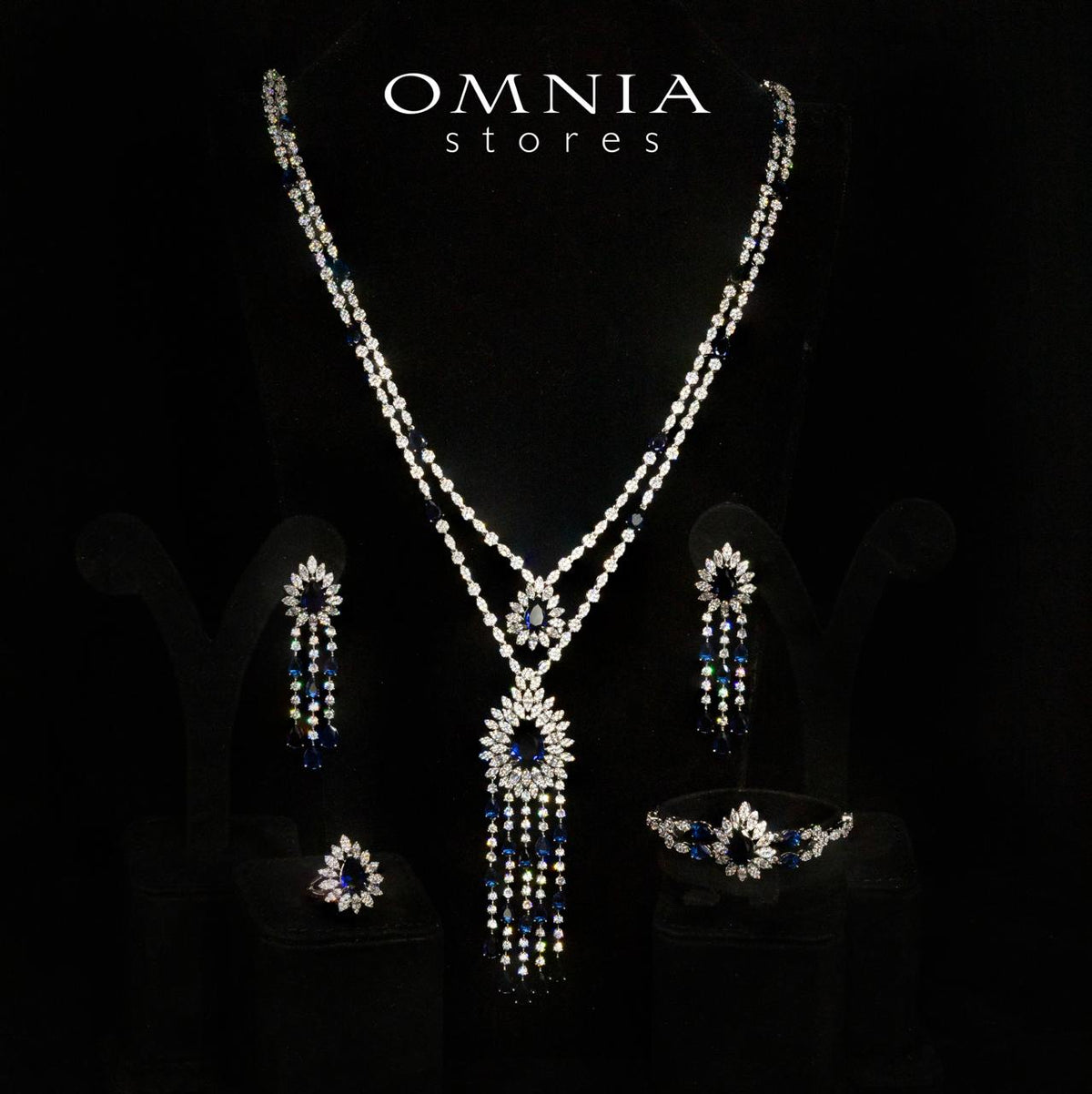 Omnia Alena Luxury Blue Bridal Long Chain Full Set in High Quality Zircon Stone Rhodium Plated - OMNIASTORES UAE