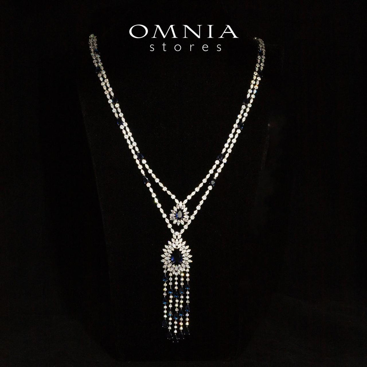 Omnia Alena Luxury Blue Bridal Long Chain Full Set in High Quality Zircon Stone Rhodium Plated - OMNIASTORES UAE