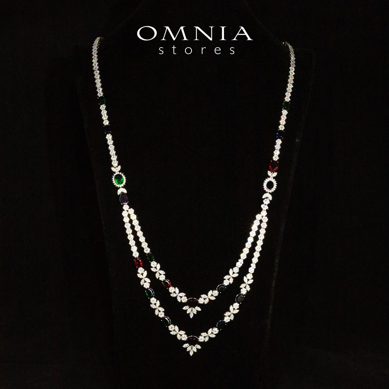 Omnia Jade Red, Green and Blue Bridal Long Chain Set Accessories in High Quality Zircon Stone Rhodium Plated - OMNIASTORES UAE