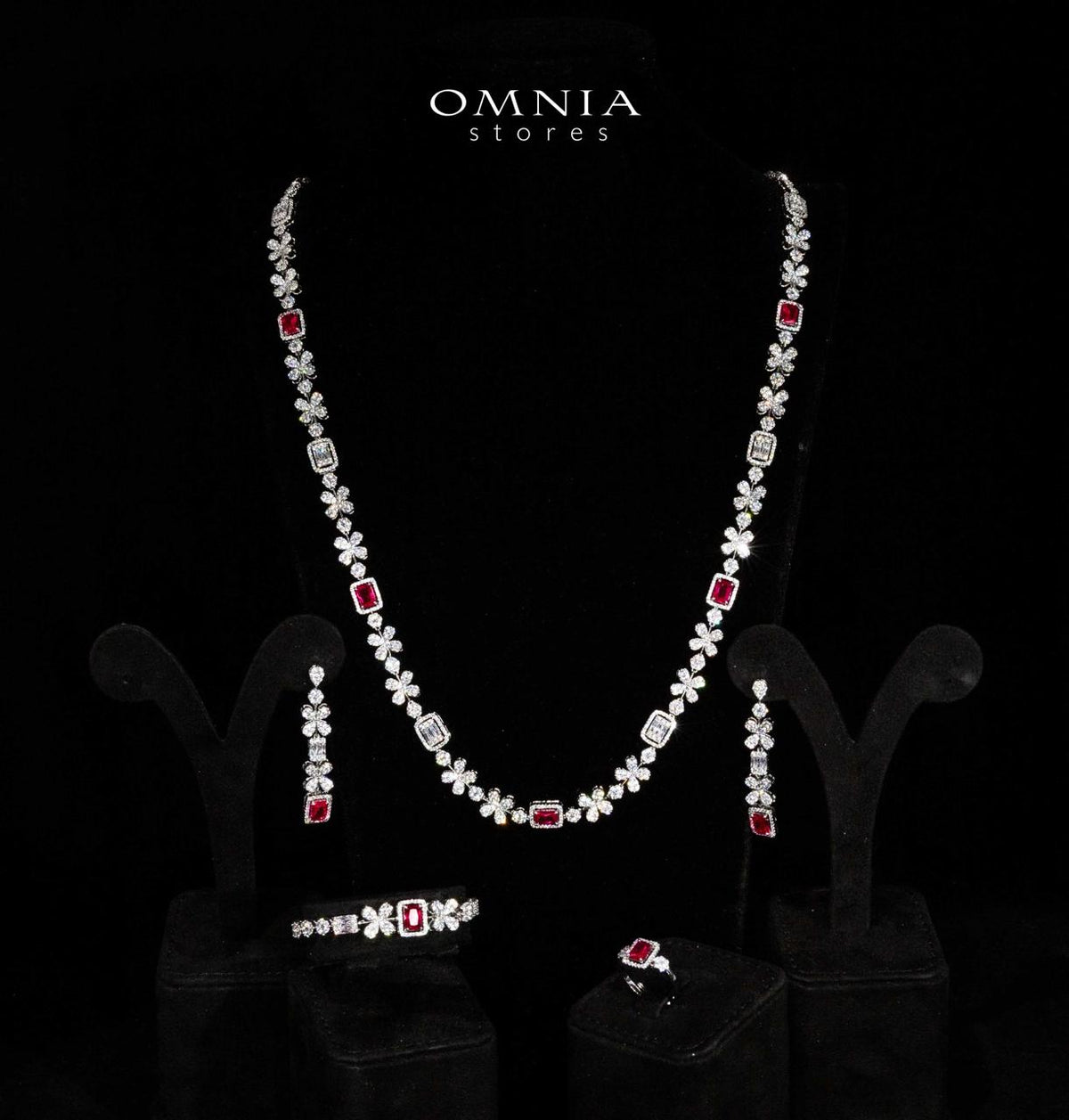 Omnia Reyna Red Luxury Bridal Long Chain Full Set in High Quality Zircon Stone Rhodium Plated - OMNIASTORES UAE