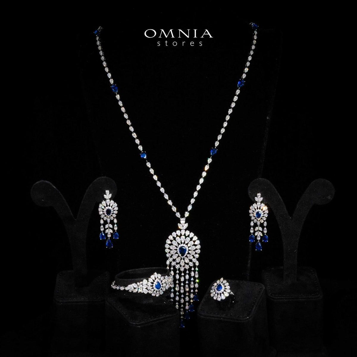 Omnia Lisa Blue Luxury Bridal Long Chain Full Set in High Quality Zircon Stone Rhodium Plated - OMNIASTORES UAE