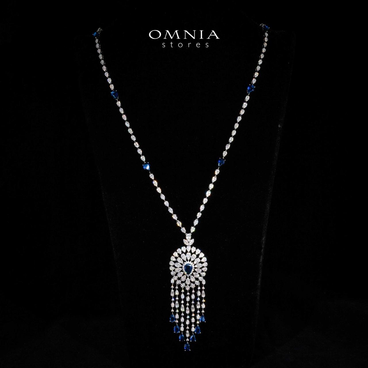 Omnia Lisa Blue Luxury Bridal Long Chain Full Set in High Quality Zircon Stone Rhodium Plated - OMNIASTORES UAE