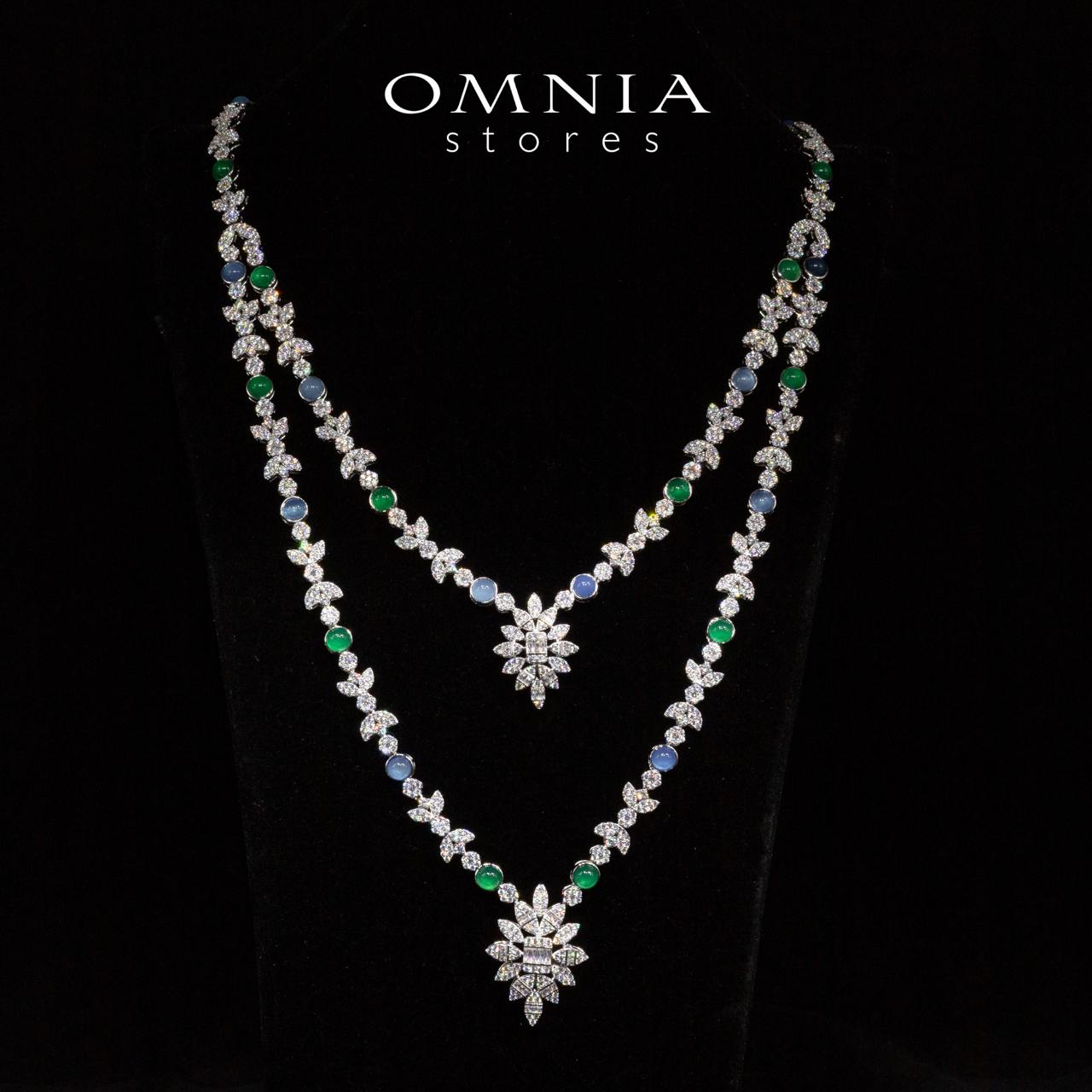 Omnia Keily Green and Blue Luxury Bridal Long Chain Full Set in High Quality Zircon Stone Rhodium Plated - OMNIASTORES UAE