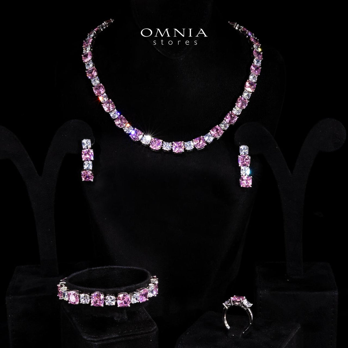 Omnia Alya Pink and White Bridal Full Set in High Quality Simulated Diamonds Rhodium Plated - OMNIASTORES UAE