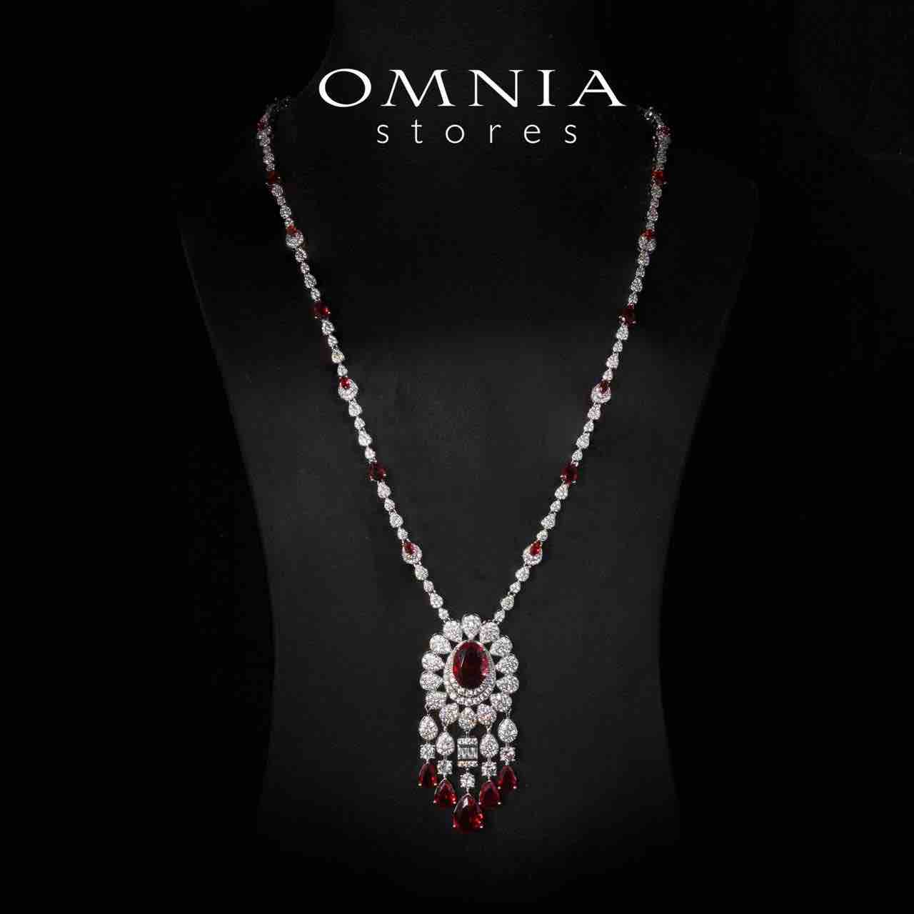 Aleya Red Luxury Bridal Full Long chain Set in High Quality Simulated Diamonds Rhodium Plated - OMNIASTORES UAE