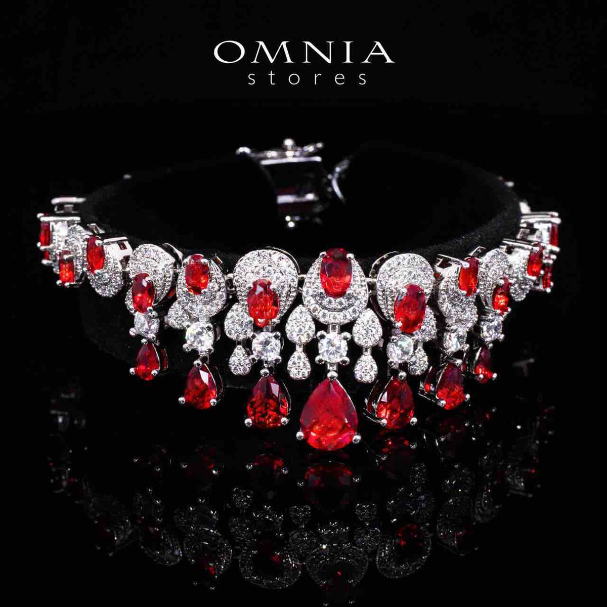 Aleya Red Luxury Bridal Full Long chain Set in High Quality Simulated Diamonds Rhodium Plated - OMNIASTORES UAE