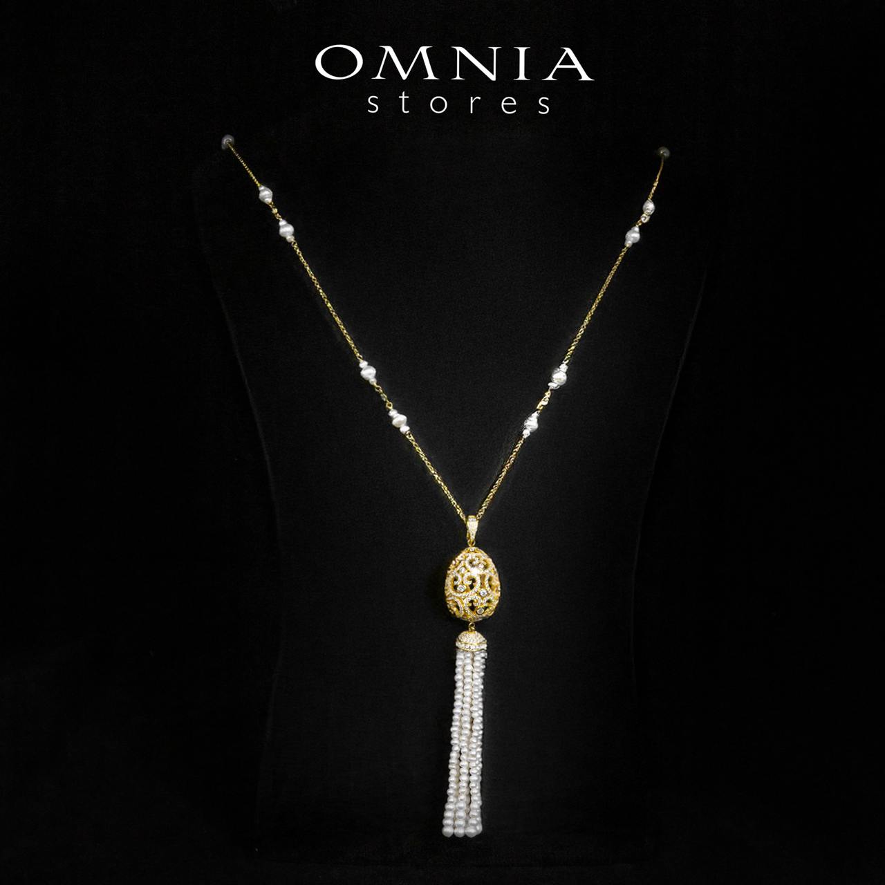 Kathy White Fresh Real Pearl Golden Long Chain Necklace and Drop Earrings Set With High Quality Simulated Diamonds in 925 Silver - OMNIASTORES UAE
