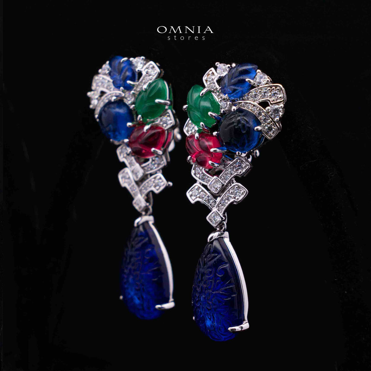 Allison Multicolor Floral Design Double Pearl Drop Earrings with High-Quality Simulated Diamonds in 925 Silver