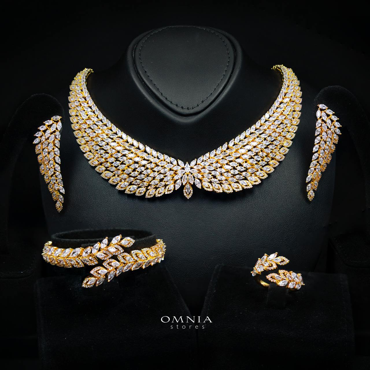 Omnia Safe Luxury Gold Bridal Full Set in High Quality Zircon Stone Rhodium Plated