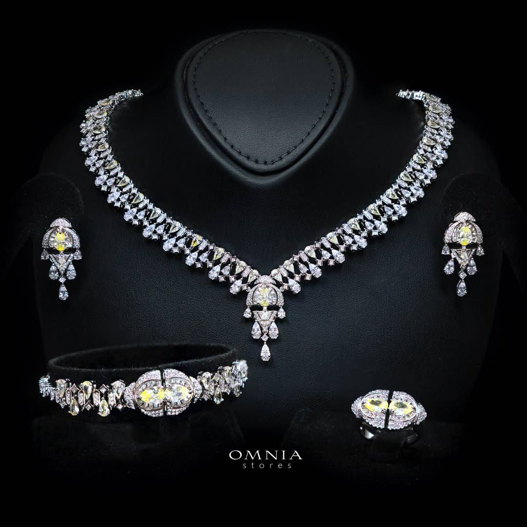 Omnia Rafi Yellow Bridal Full Set with Elegant White and Simulated Diamonds in High-Quality Rhodium Plated Finish