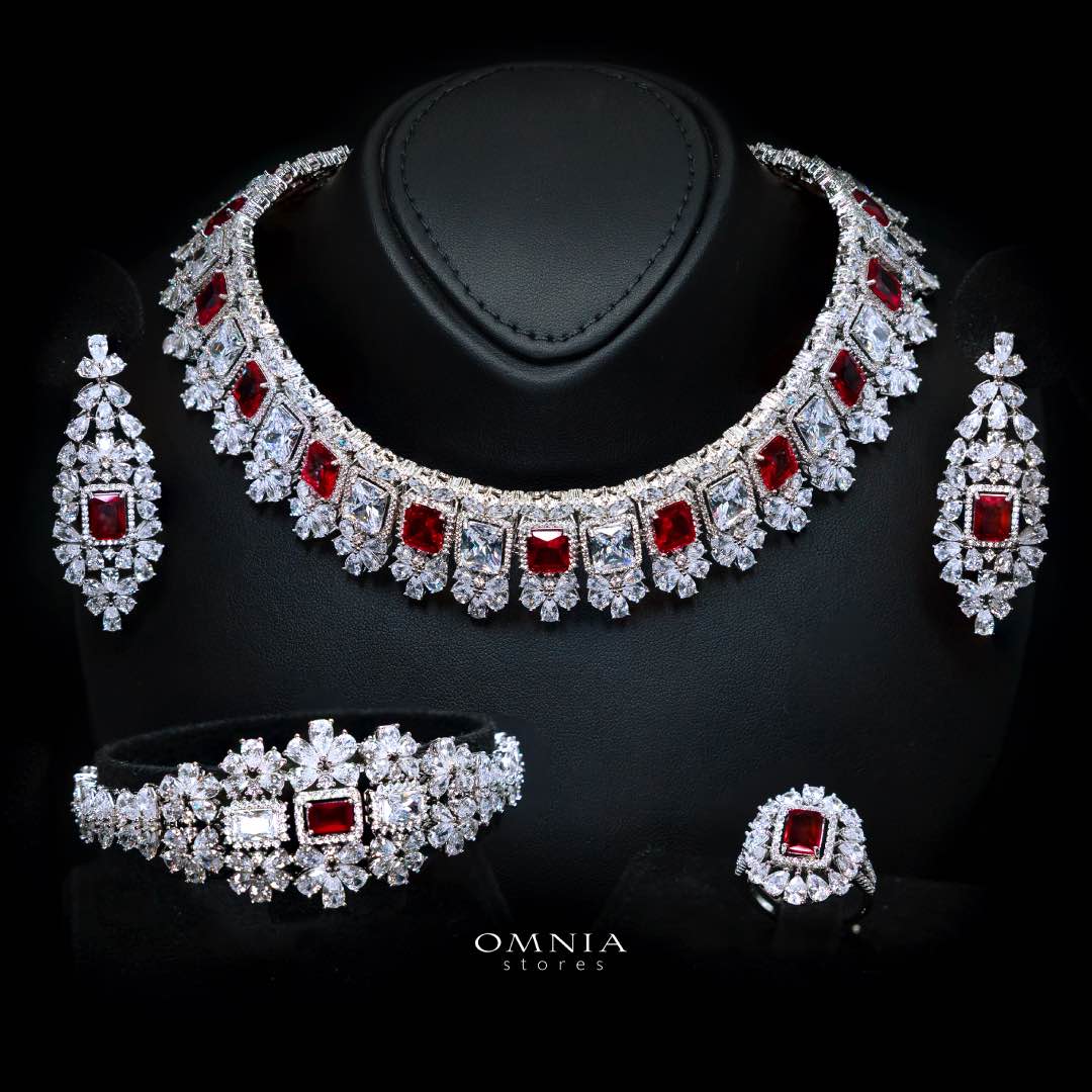 Omnia Avelia Red and White Luxury Bridal Choker Full Set in High Quality Rhodium Plated Zircon Stones