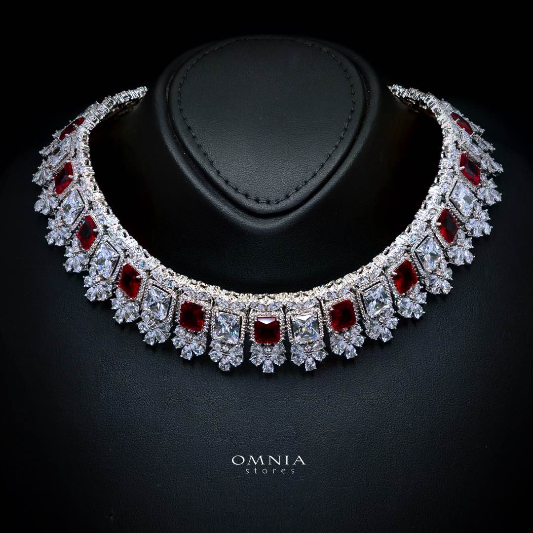 Omnia Avelia Red and White Luxury Bridal Choker Full Set in High Quality Rhodium Plated Zircon Stones