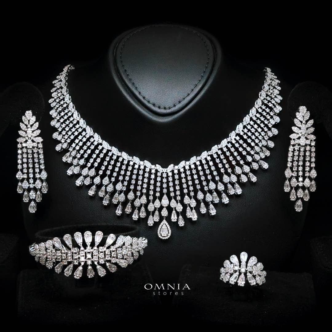 Omnia Elvina White Luxury Bridal Full Set in High Quality Zircon Stone in Rhodium Plated