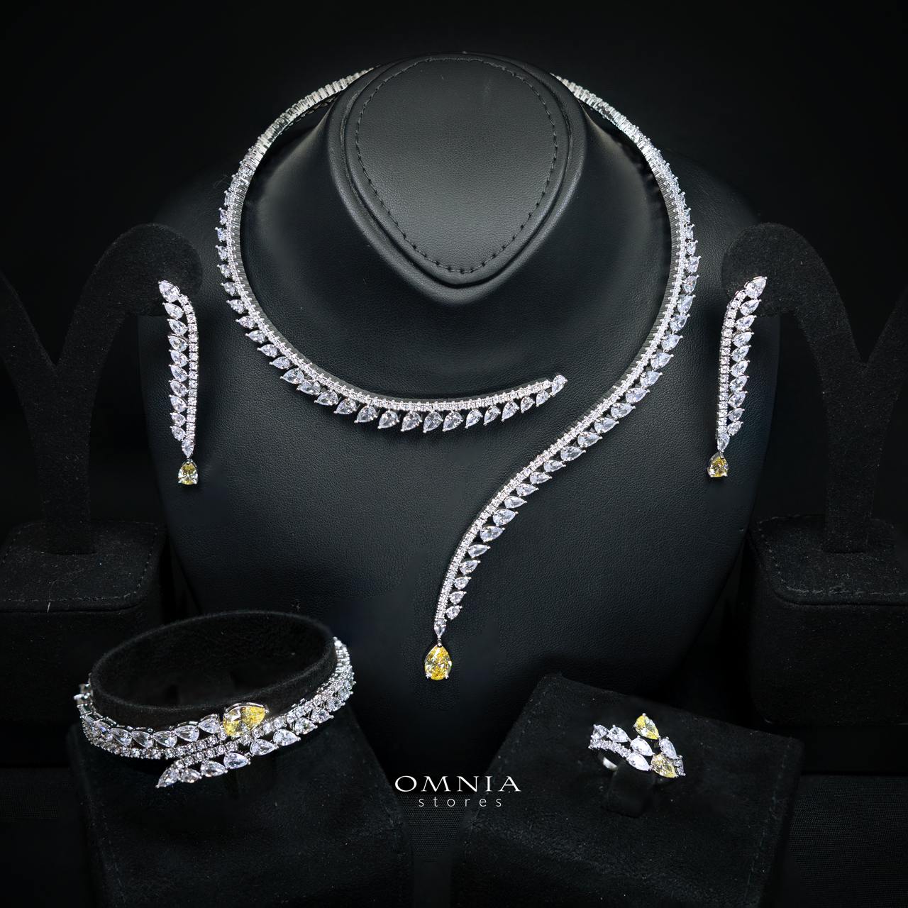Catalina Elegant Yellow Cascading Leaf Drop Bridal Full Set with High-Quality Premium Zircon Stones, Rhodium-Plated Finish