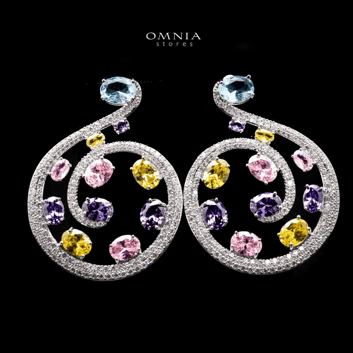 Omnia Fadela Spiral Hoop Earrings with Multicolor Zircon Stone in High Quality Rhodium Plated - OMNIASTORES UAE