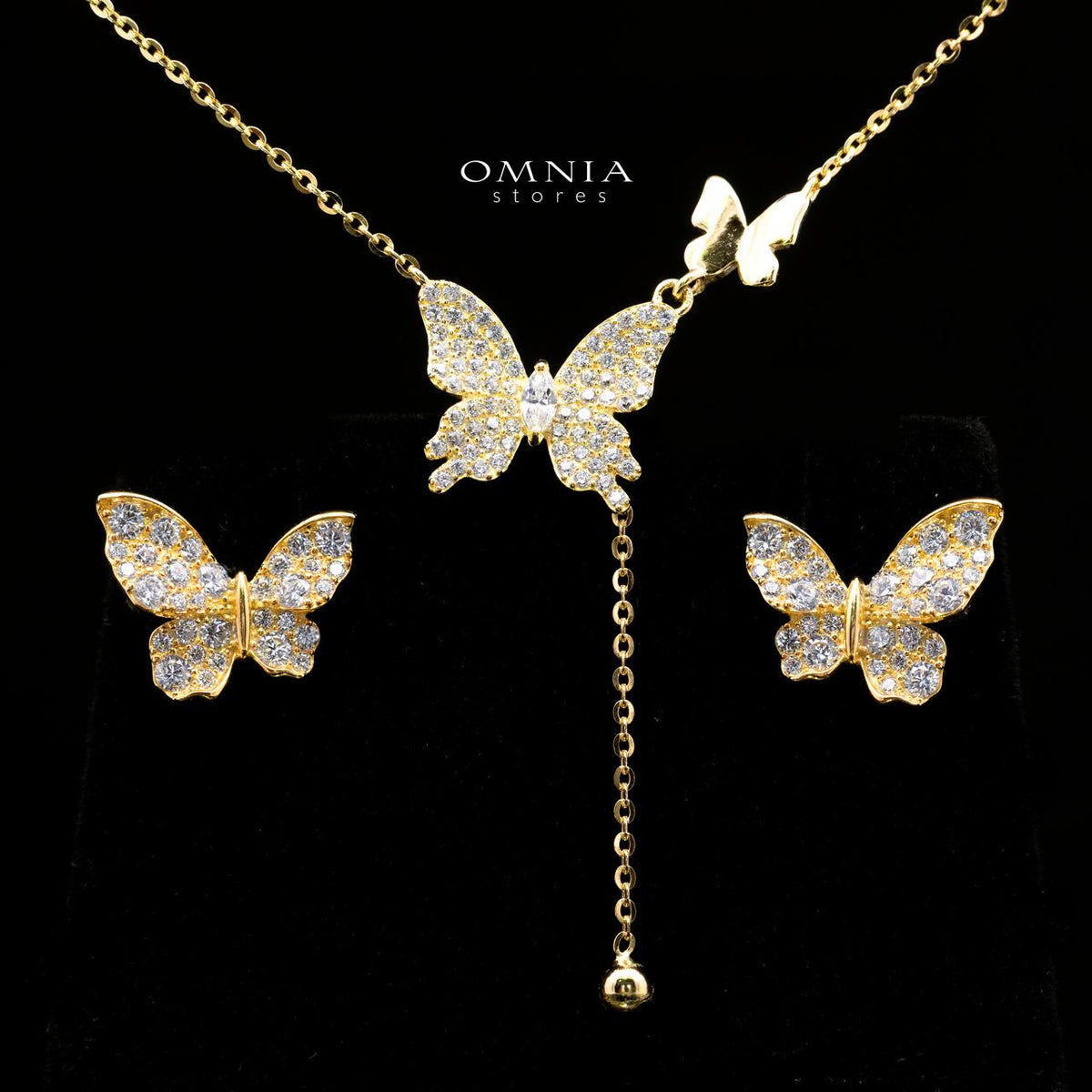 Kapri Gold Butterfly Motif Necklace and Earrings Set in 925 Sterling Silver with Premium Simulated Diamonds