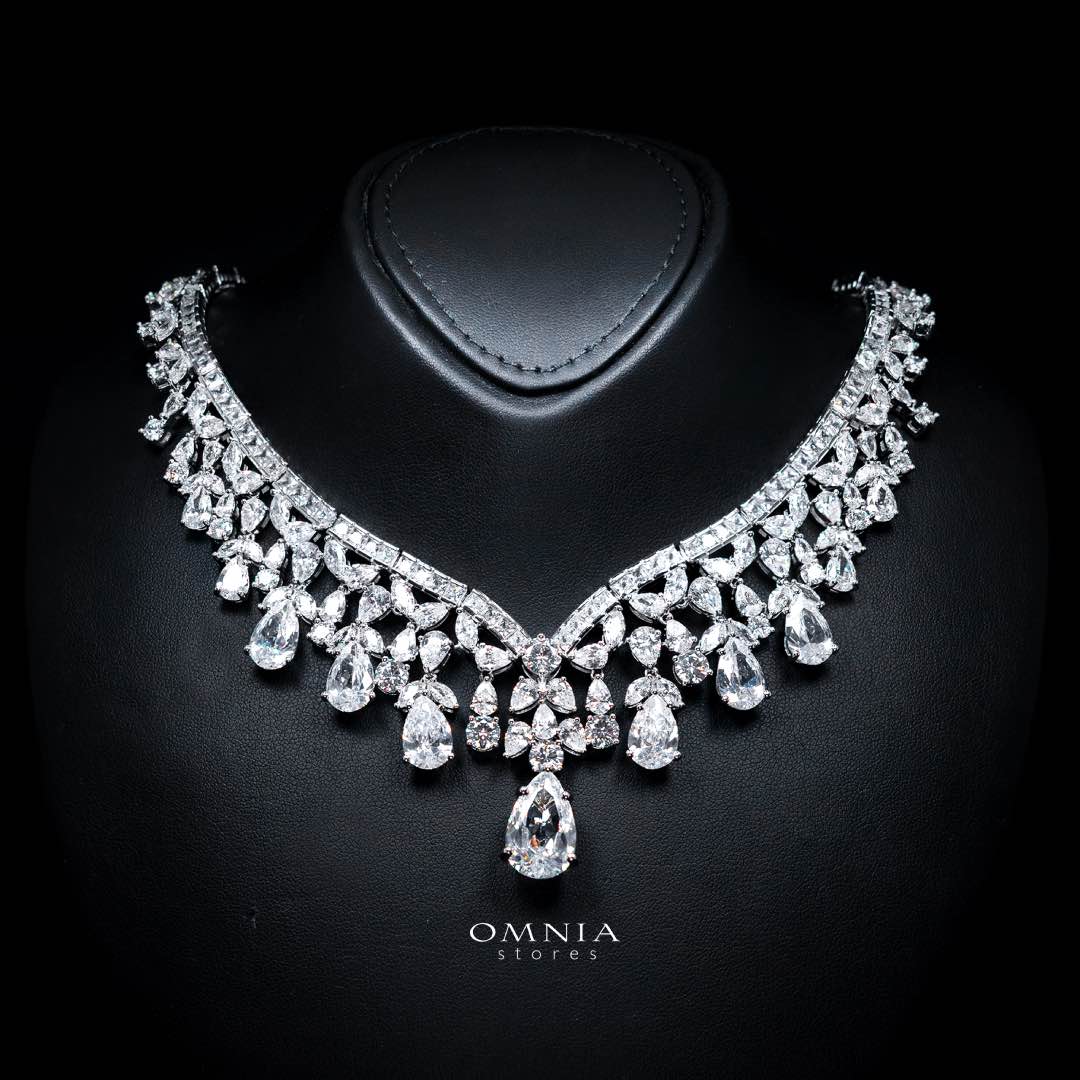 Omnia Princess White Luxury Bridal Full Set with Pear-Cut High-Quality Simulated Diamonds Rhodium Plated