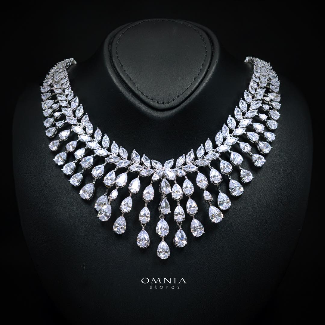 Omnia Sufia Luxury Bridal Full Set – Simulated Diamonds (Pear & Marquise Cut) Rhodium Plated