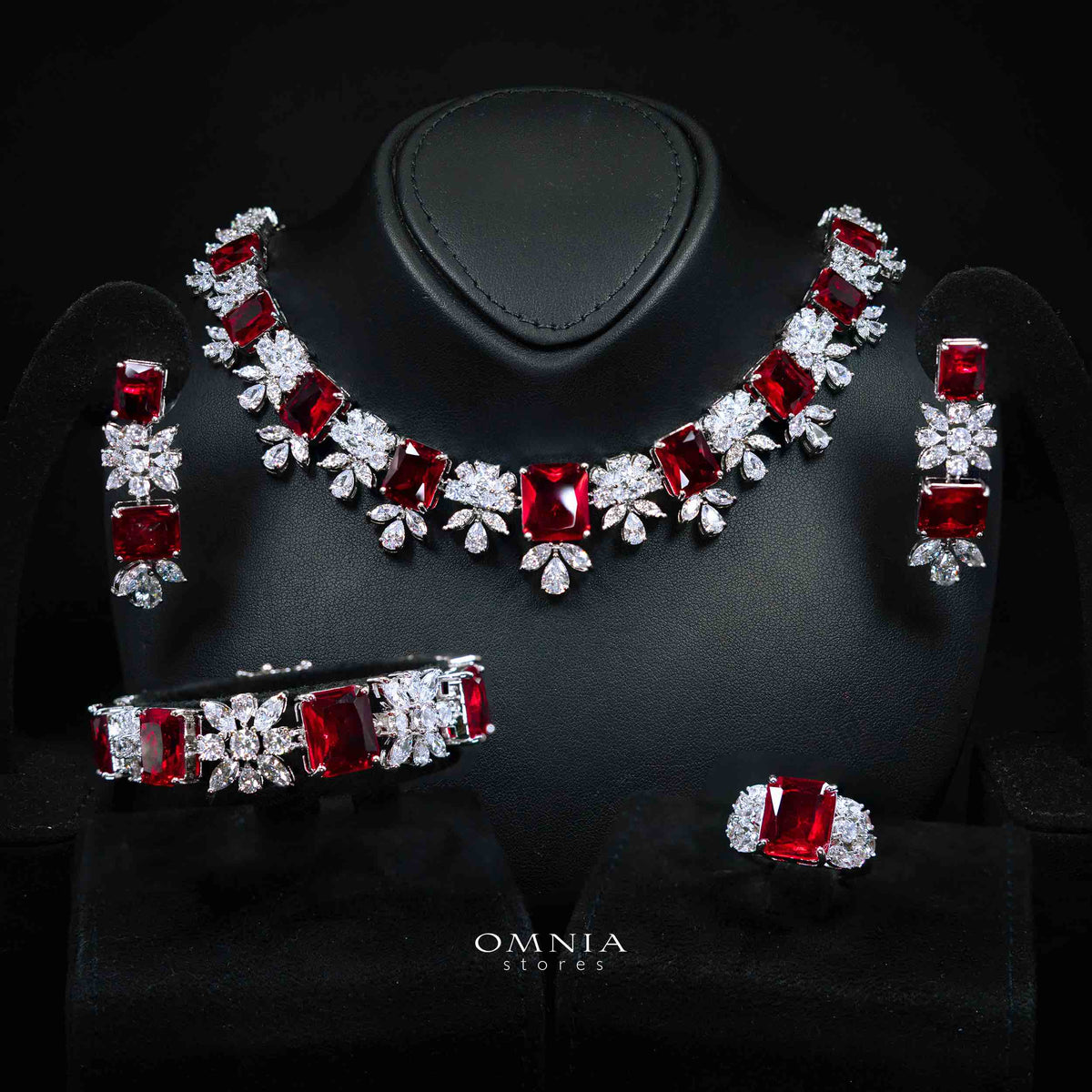 Omnia Charlotte Red Luxry Bridal Full Set with Emerald and Pear-Cut High-Quality Simulated Diamonds Rhodium Plated