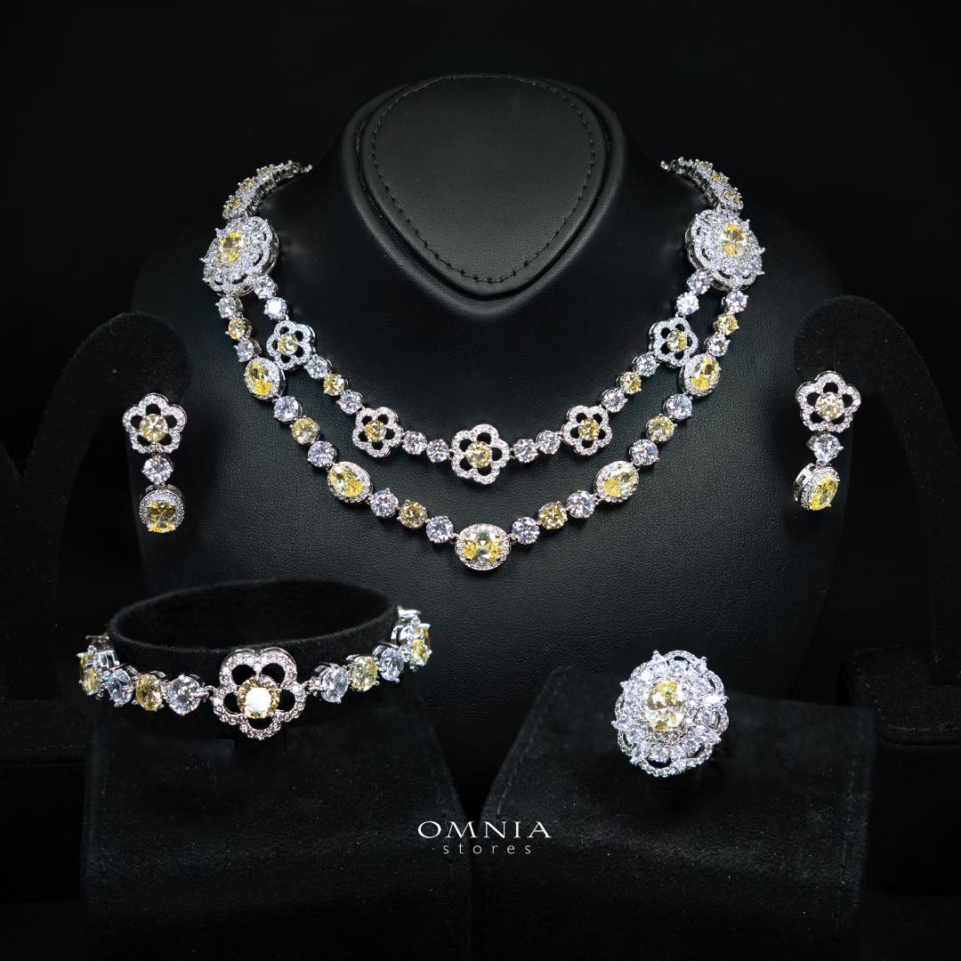 Omnia Esra Yellow Luxury Bridal Full Set in High Quality Simulated Diamond Rhodium Plated