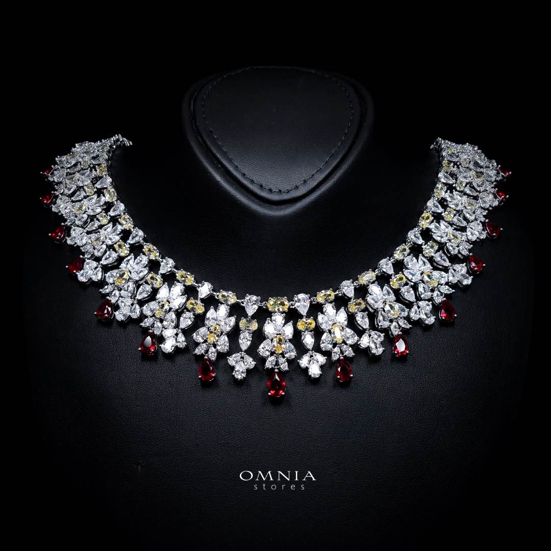 Omnia Dema Red and Yellow Bridal Full Set in High Quality Zircon Stone Rhodium Plated