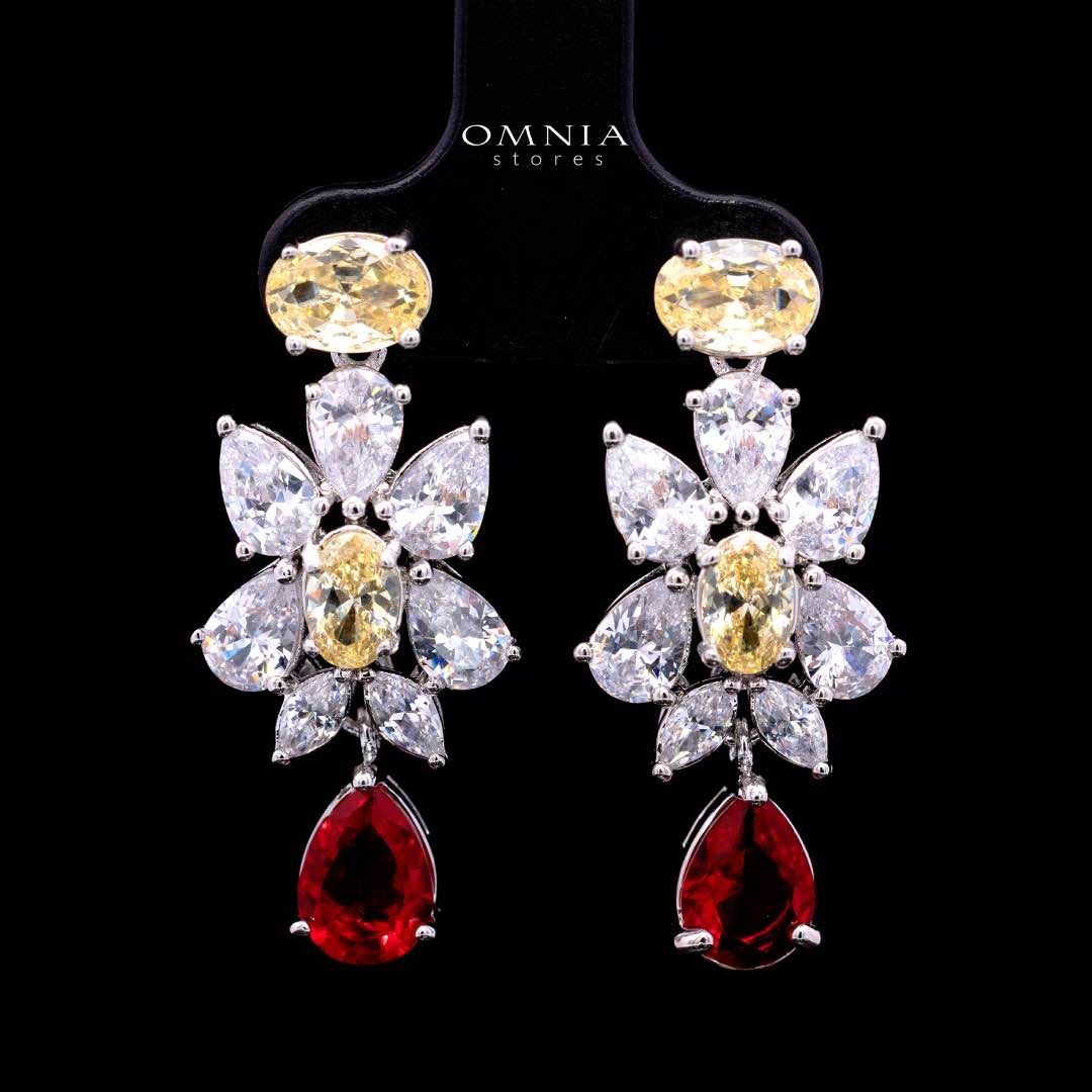 Omnia Dema Red and Yellow Bridal Full Set in High Quality Zircon Stone Rhodium Plated