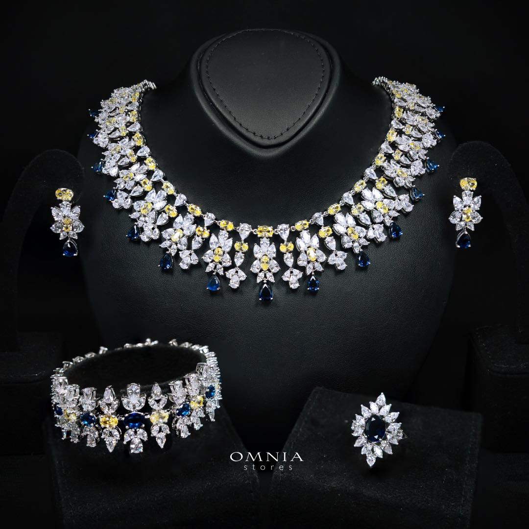 Omnia Dema Blue and Yellow Bridal Full Set in High Quality Zircon Stone Rhodium Plated