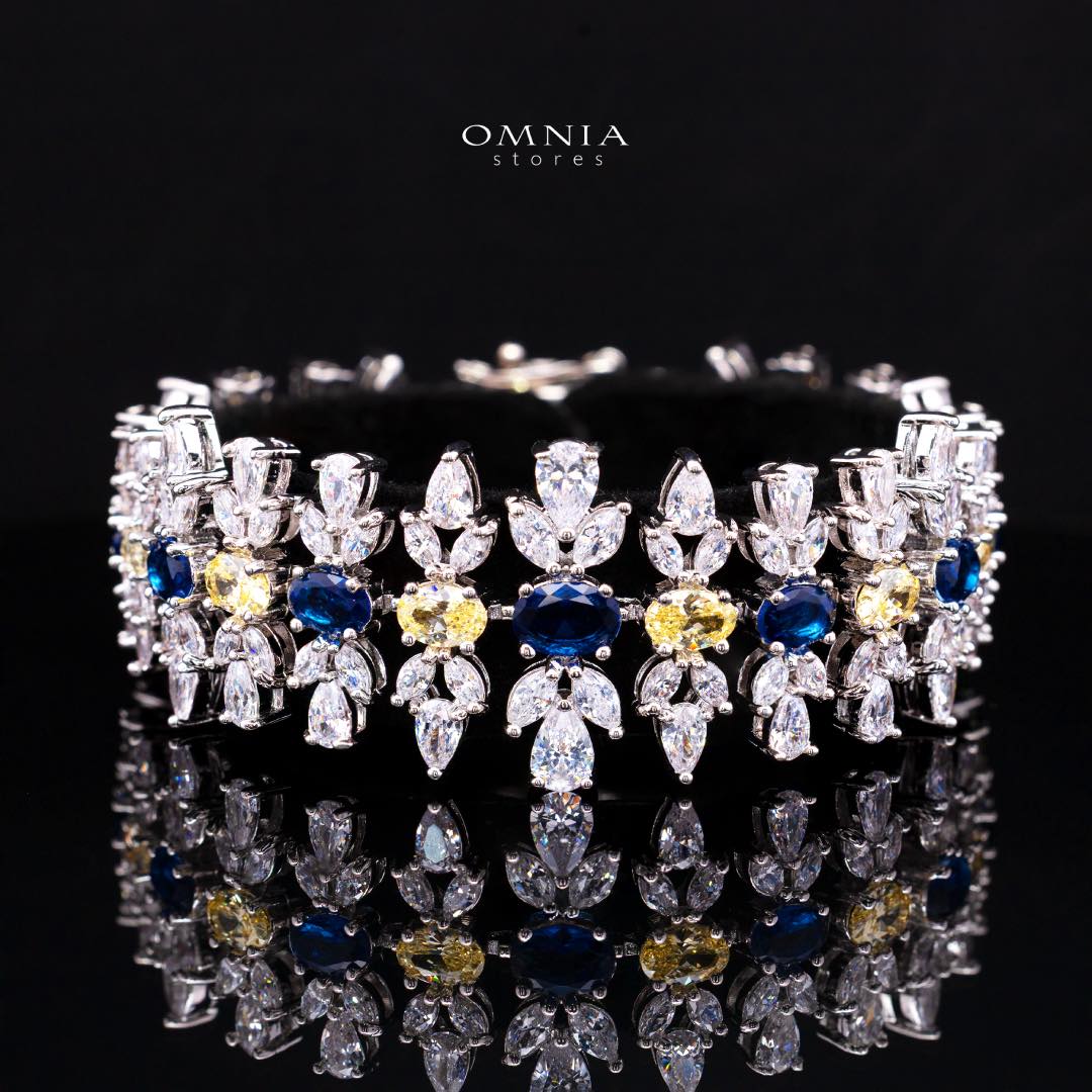 Omnia Dema Blue and Yellow Bridal Full Set in High Quality Zircon Stone Rhodium Plated