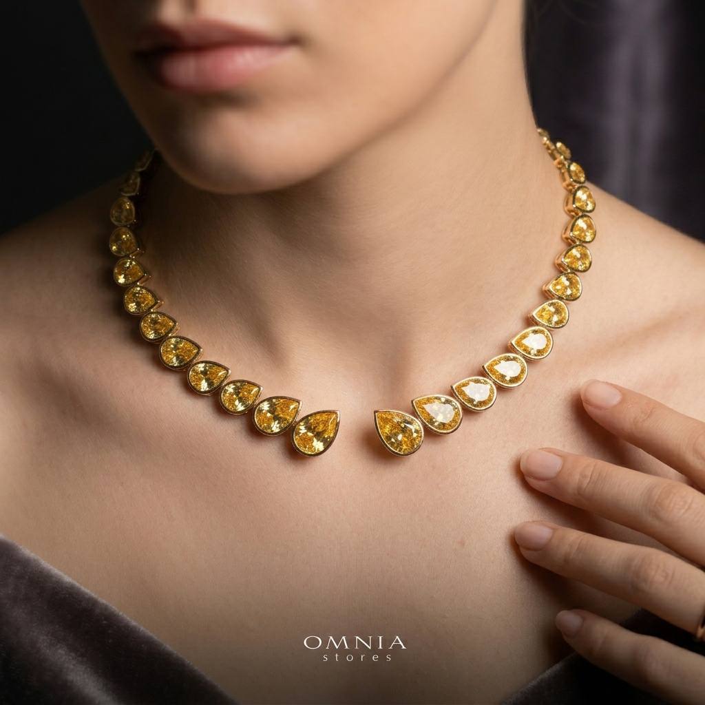 Omnia Nailah Gold Yellow Necklace In 925 Silver With High Quality Lab Crafted Stones